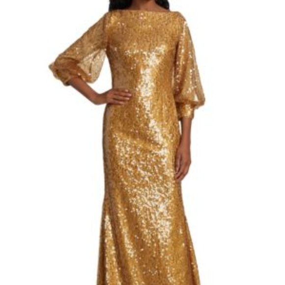 Badgley Mischka Odessa Gold Sequin Gown | Size 4 | Elegant Evening Formal Dress - Picture 3 of 12